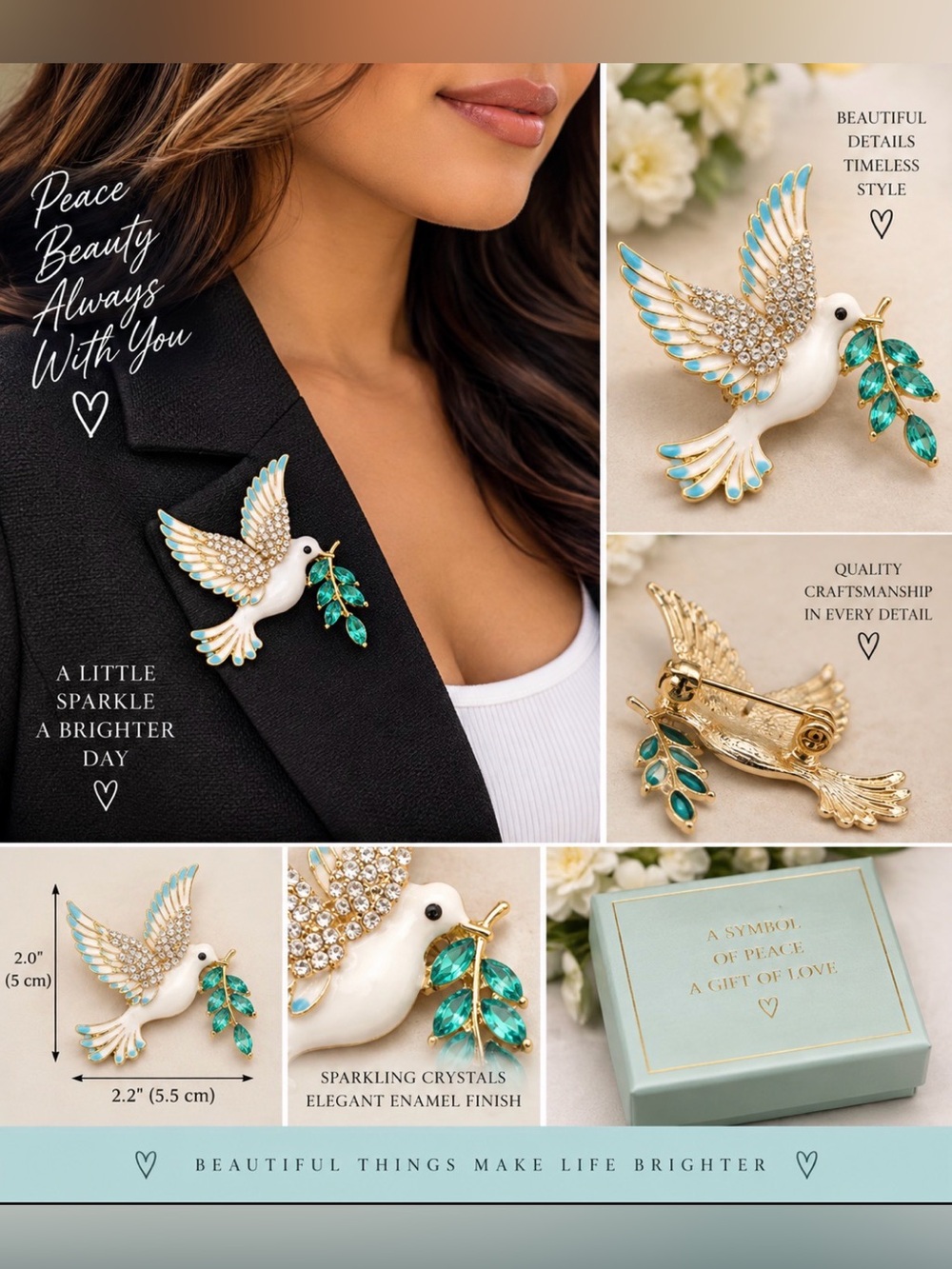 Dove Peace Brooch Pin with Teal Leaves - Elegant Enamel & Crystal Accent